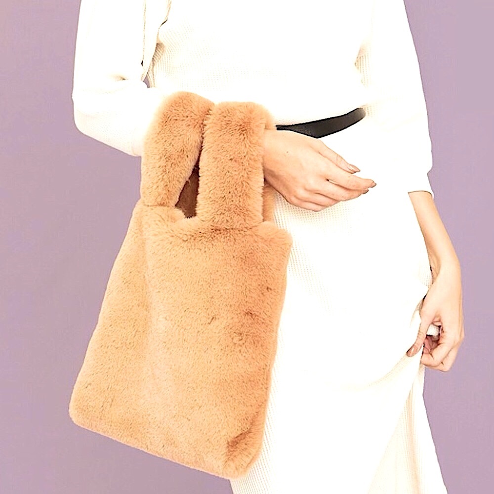 NWT UnHide Faux Fur Beige luxury designer plush purse Hand Bag